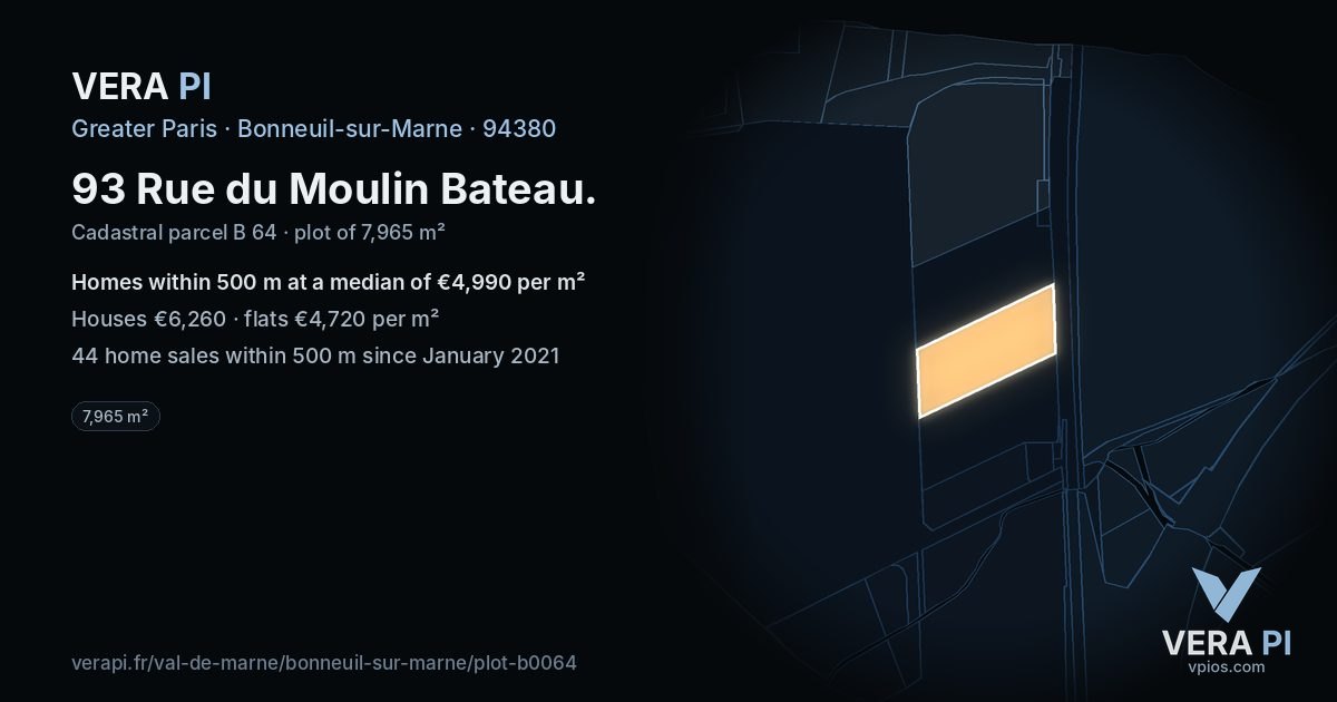 93 Rue du Moulin Bateau, Bonneuil-sur-Marne at night – the plot lit, the parcels around coloured by the prices near them