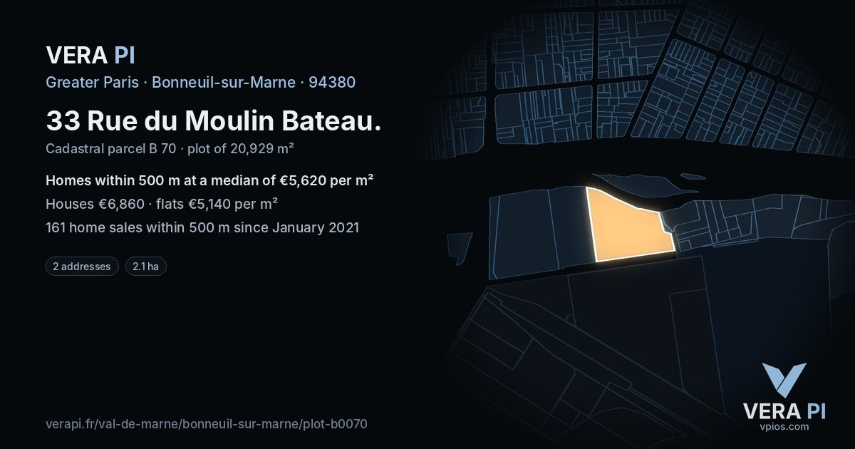 33 Rue du Moulin Bateau, Bonneuil-sur-Marne at night – the plot lit, the parcels around coloured by the prices near them