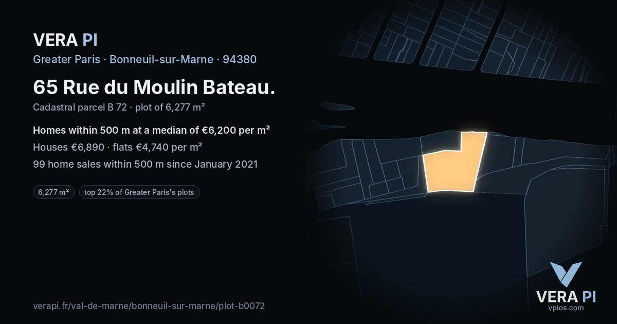 65 Rue du Moulin Bateau, Bonneuil-sur-Marne at night – the plot lit, the parcels around coloured by the prices near them