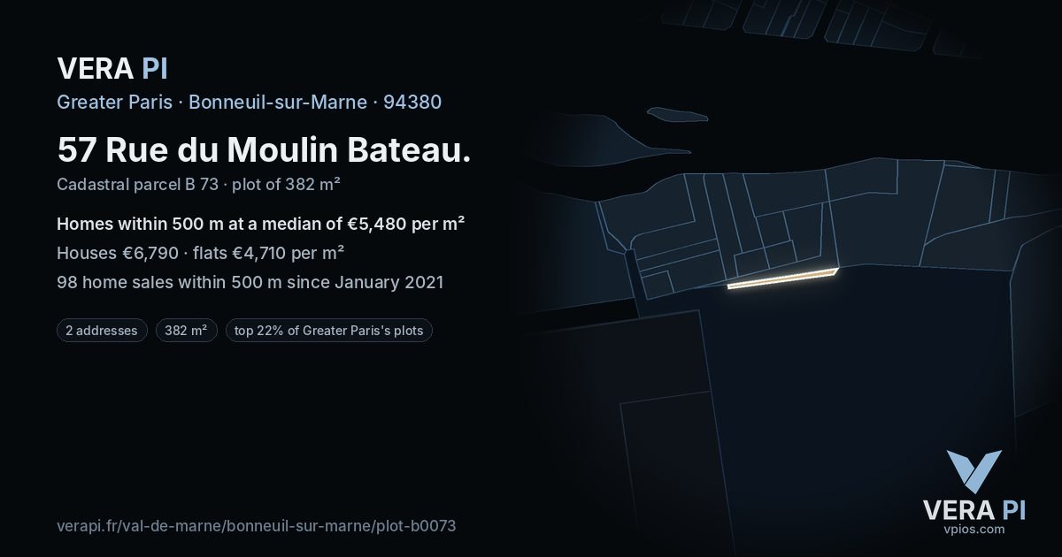 57 Rue du Moulin Bateau, Bonneuil-sur-Marne at night – the plot lit, the parcels around coloured by the prices near them