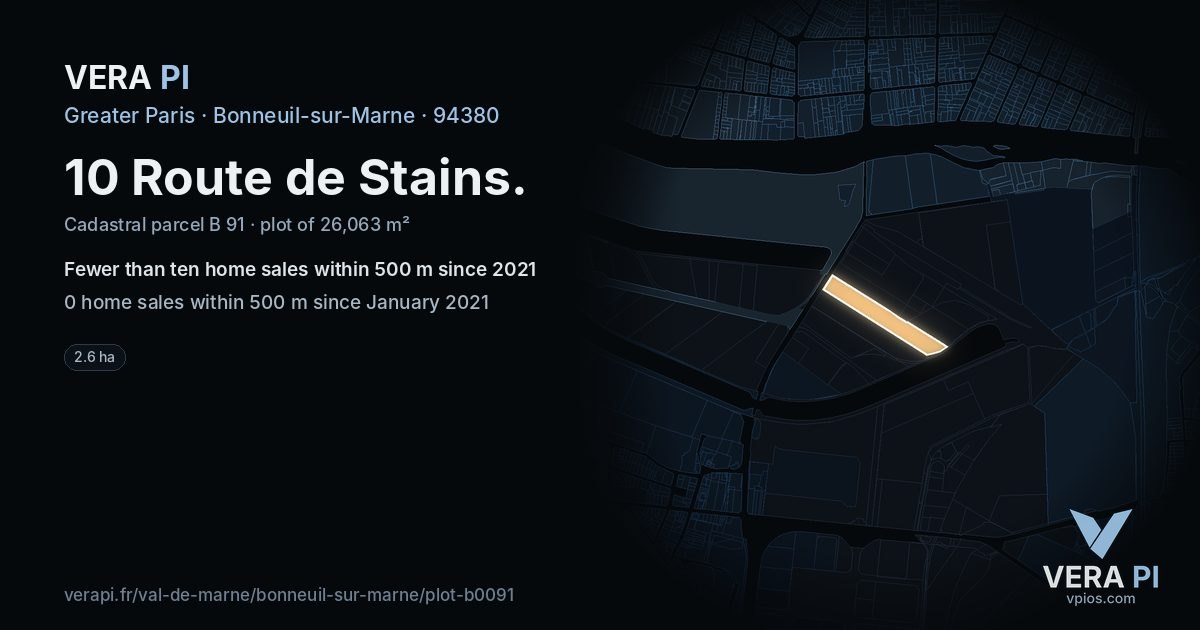 10 Route de Stains, Bonneuil-sur-Marne at night – the plot lit, the parcels around coloured by the prices near them