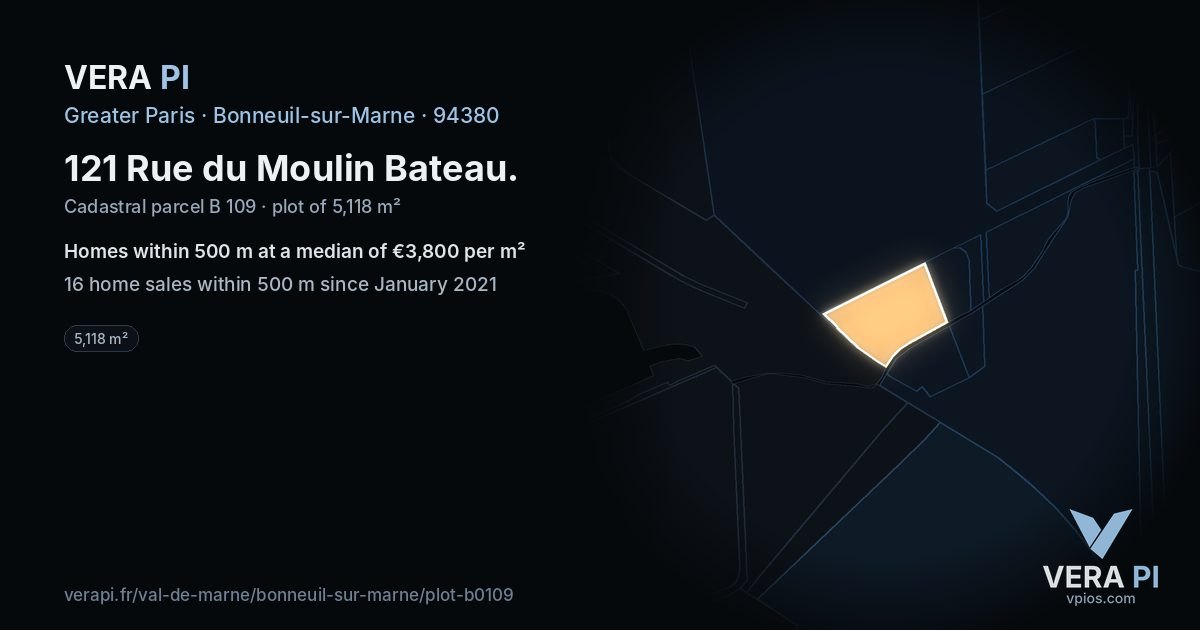 121 Rue du Moulin Bateau, Bonneuil-sur-Marne at night – the plot lit, the parcels around coloured by the prices near them