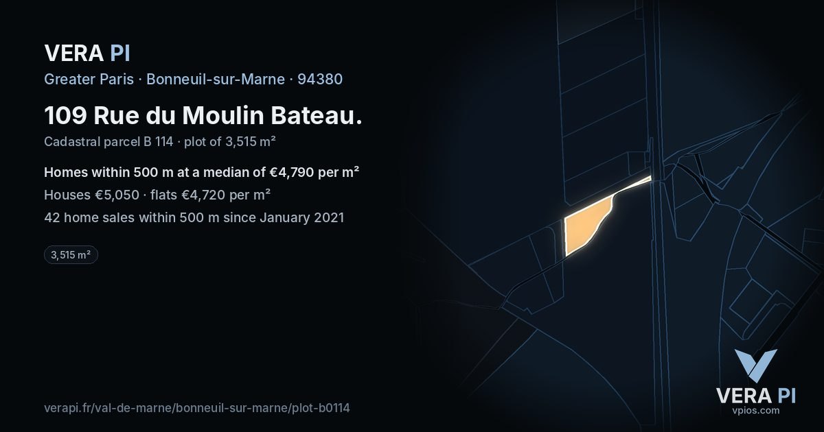 109 Rue du Moulin Bateau, Bonneuil-sur-Marne at night – the plot lit, the parcels around coloured by the prices near them