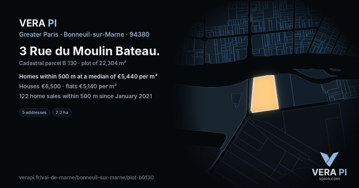 3 Rue du Moulin Bateau, Bonneuil-sur-Marne at night – the plot lit, the parcels around coloured by the prices near them