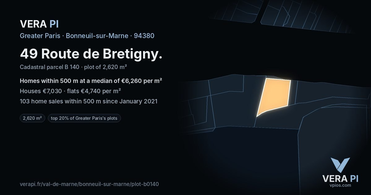 49 Route de Bretigny, Bonneuil-sur-Marne at night – the plot lit, the parcels around coloured by the prices near them