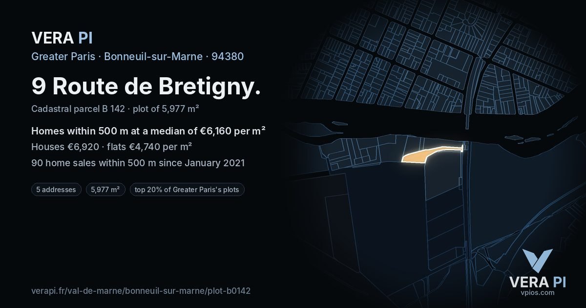 9 Route de Bretigny, Bonneuil-sur-Marne at night – the plot lit, the parcels around coloured by the prices near them