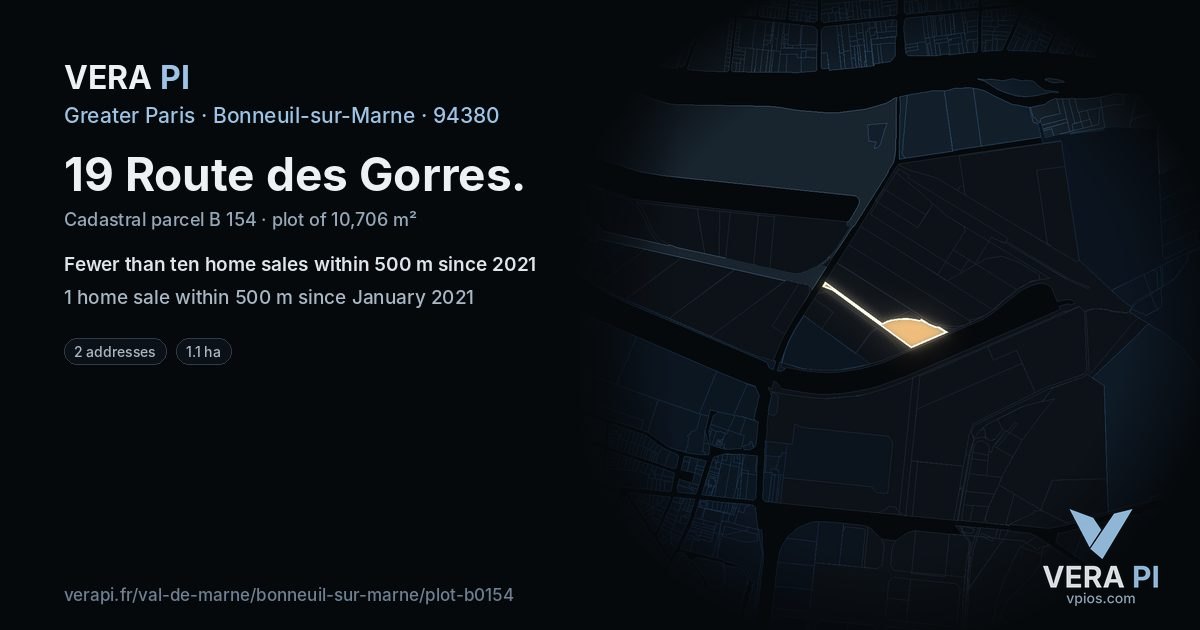 19 Route des Gorres, Bonneuil-sur-Marne at night – the plot lit, the parcels around coloured by the prices near them