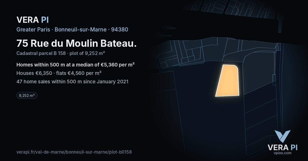 75 Rue du Moulin Bateau, Bonneuil-sur-Marne at night – the plot lit, the parcels around coloured by the prices near them