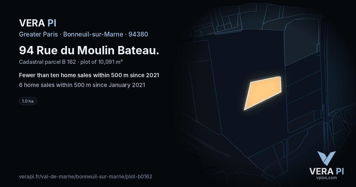 94 Rue du Moulin Bateau, Bonneuil-sur-Marne at night – the plot lit, the parcels around coloured by the prices near them