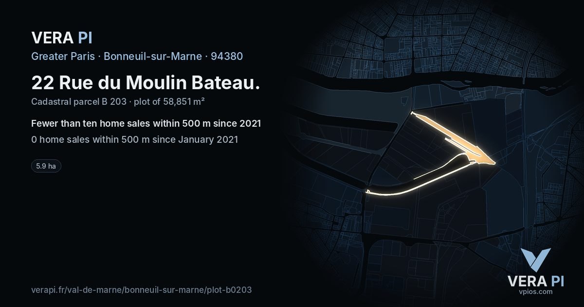 22 Rue du Moulin Bateau, Bonneuil-sur-Marne at night – the plot lit, the parcels around coloured by the prices near them