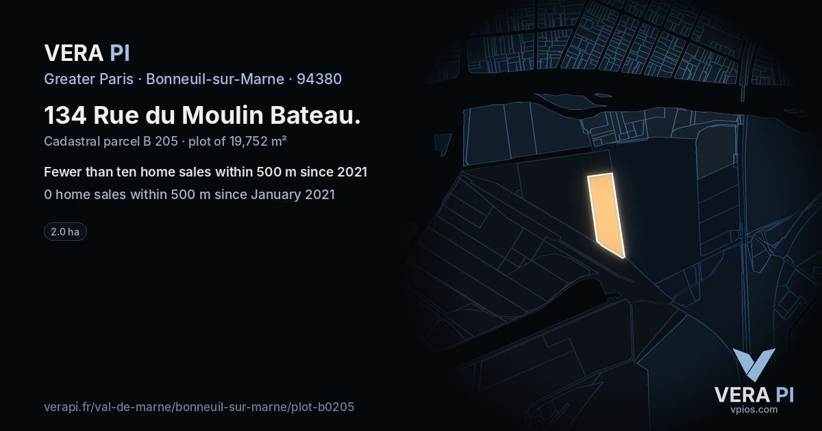 134 Rue du Moulin Bateau, Bonneuil-sur-Marne at night – the plot lit, the parcels around coloured by the prices near them