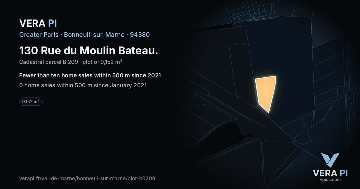 130 Rue du Moulin Bateau, Bonneuil-sur-Marne at night – the plot lit, the parcels around coloured by the prices near them