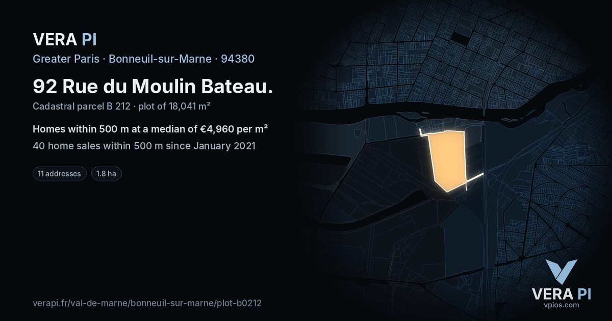 92 Rue du Moulin Bateau, Bonneuil-sur-Marne at night – the plot lit, the parcels around coloured by the prices near them