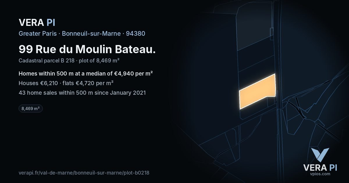 99 Rue du Moulin Bateau, Bonneuil-sur-Marne at night – the plot lit, the parcels around coloured by the prices near them