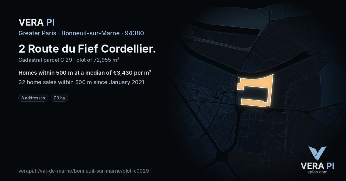 2 Route du Fief Cordellier, Bonneuil-sur-Marne at night – the plot lit, the parcels around coloured by the prices near them