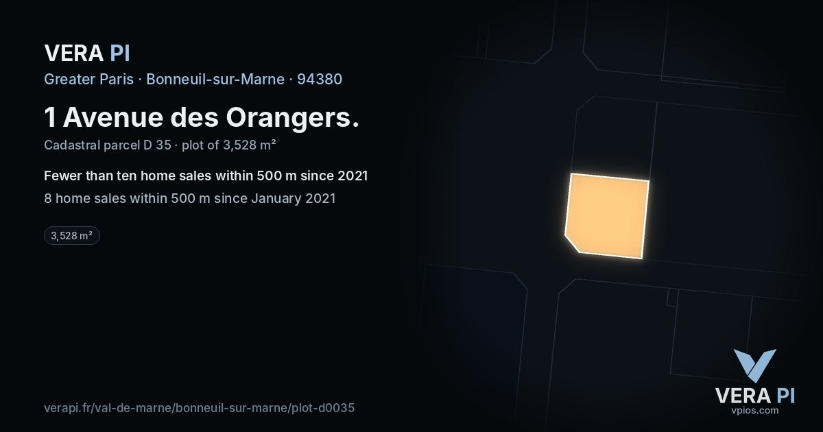 1 Avenue des Orangers, Bonneuil-sur-Marne at night – the plot lit, the parcels around coloured by the prices near them
