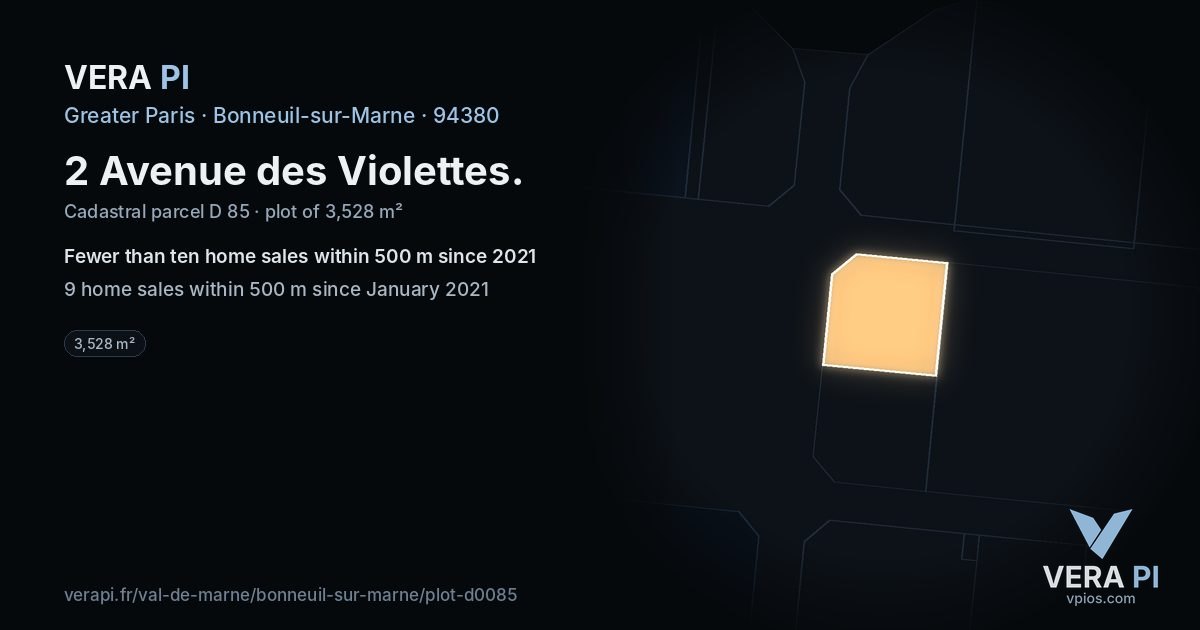 2 Avenue des Violettes, Bonneuil-sur-Marne at night – the plot lit, the parcels around coloured by the prices near them