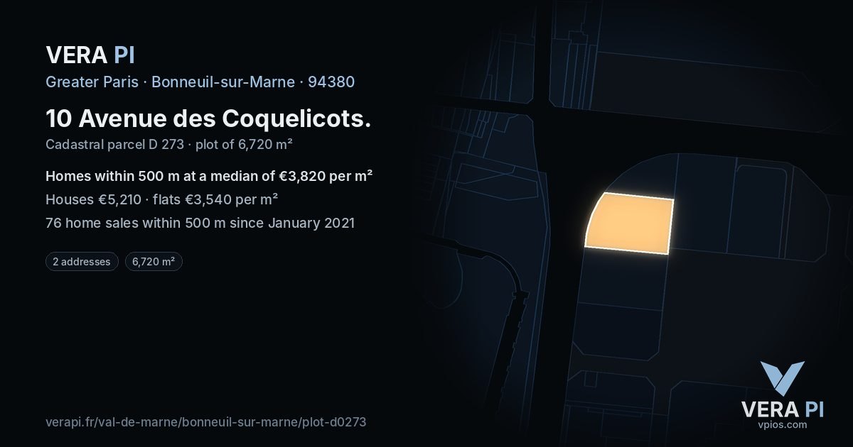 10 Avenue des Coquelicots, Bonneuil-sur-Marne at night – the plot lit, the parcels around coloured by the prices near them