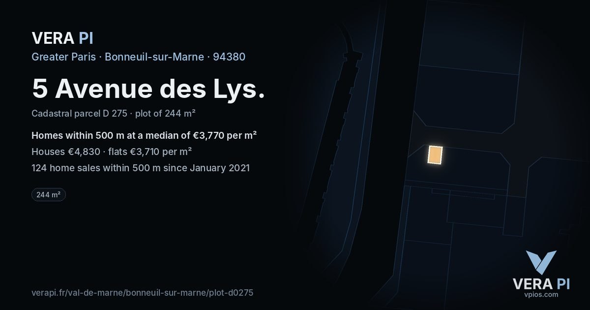 5 Avenue des Lys, Bonneuil-sur-Marne at night – the plot lit, the parcels around coloured by the prices near them