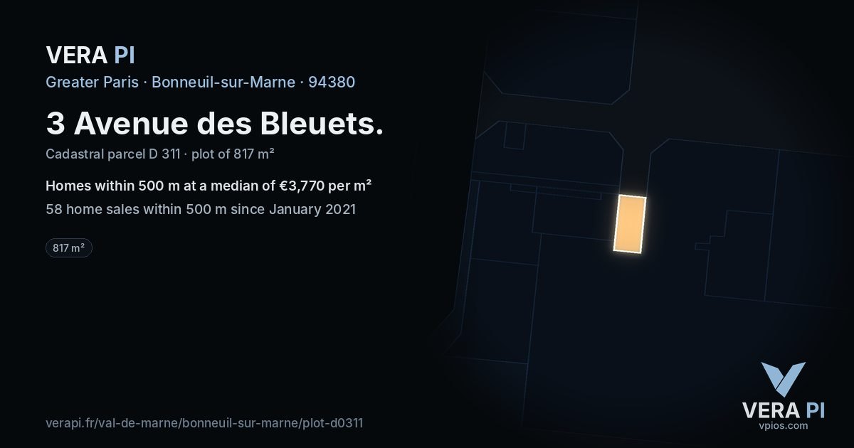 3 Avenue des Bleuets, Bonneuil-sur-Marne at night – the plot lit, the parcels around coloured by the prices near them