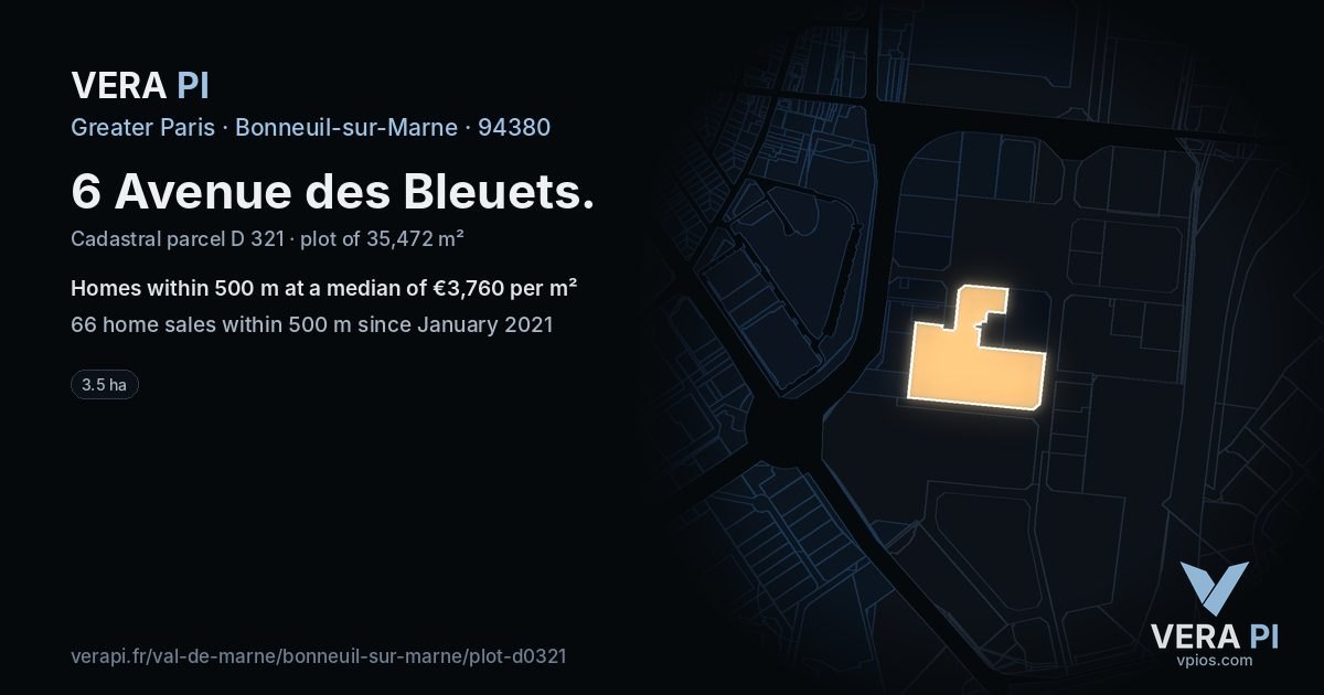 6 Avenue des Bleuets, Bonneuil-sur-Marne at night – the plot lit, the parcels around coloured by the prices near them