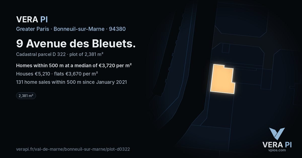 9 Avenue des Bleuets, Bonneuil-sur-Marne at night – the plot lit, the parcels around coloured by the prices near them
