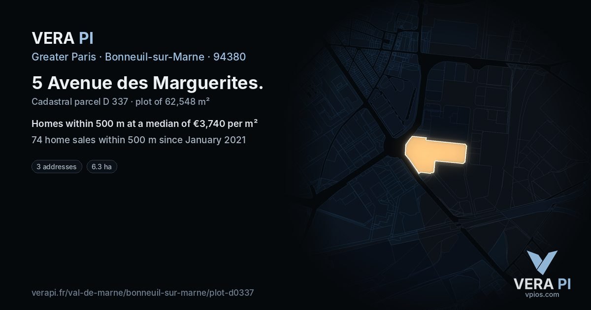 5 Avenue des Marguerites, Bonneuil-sur-Marne at night – the plot lit, the parcels around coloured by the prices near them