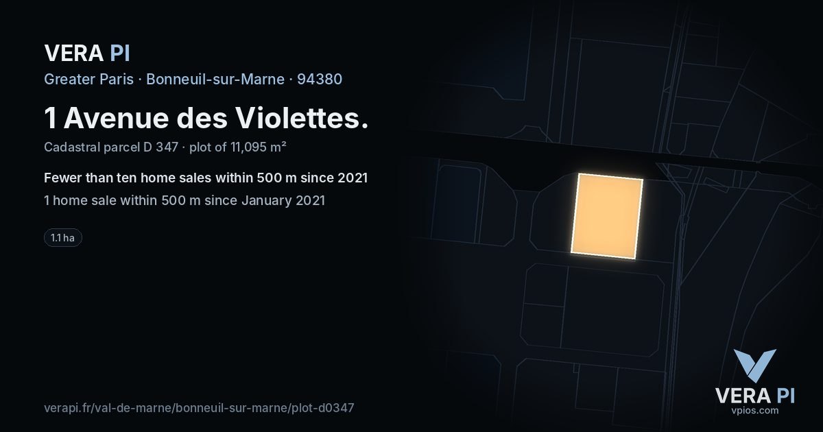 1 Avenue des Violettes, Bonneuil-sur-Marne at night – the plot lit, the parcels around coloured by the prices near them