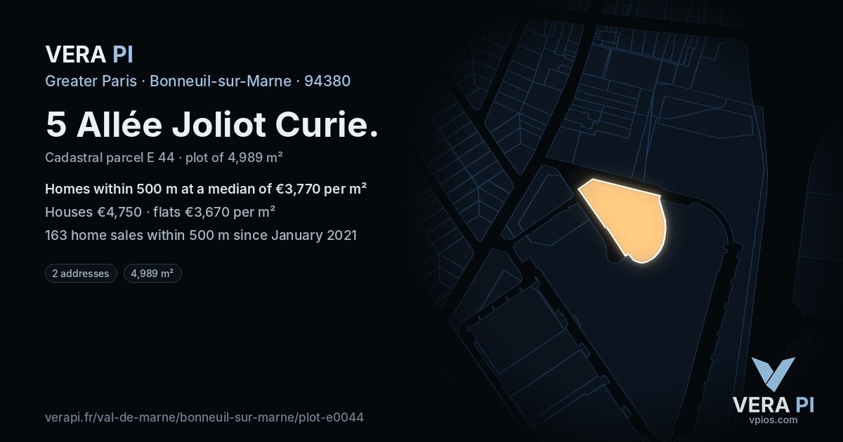 5 Allée Joliot Curie, Bonneuil-sur-Marne at night – the plot lit, the parcels around coloured by the prices near them