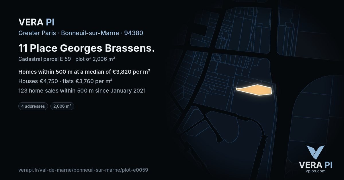 11 Place Georges Brassens, Bonneuil-sur-Marne at night – the plot lit, the parcels around coloured by the prices near them