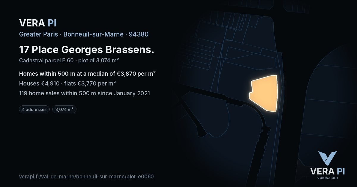 17 Place Georges Brassens, Bonneuil-sur-Marne at night – the plot lit, the parcels around coloured by the prices near them
