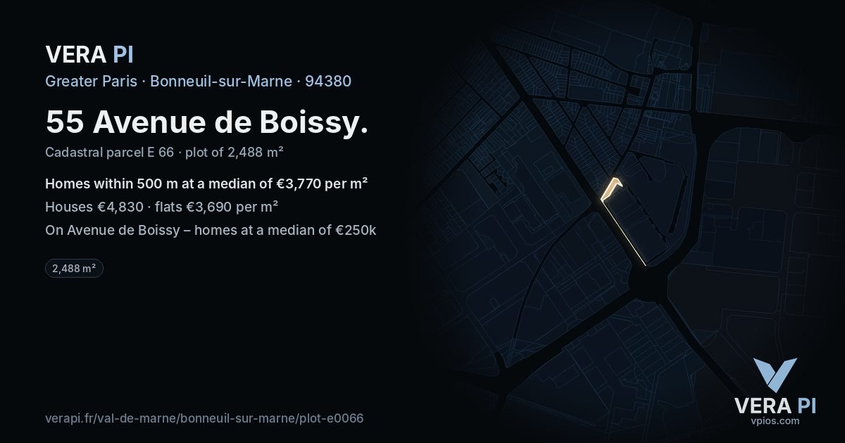 55 Avenue de Boissy, Bonneuil-sur-Marne at night – the plot lit, the parcels around coloured by the prices near them
