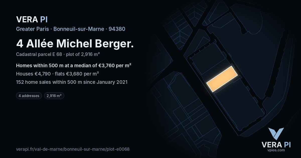 4 Allée Michel Berger, Bonneuil-sur-Marne at night – the plot lit, the parcels around coloured by the prices near them