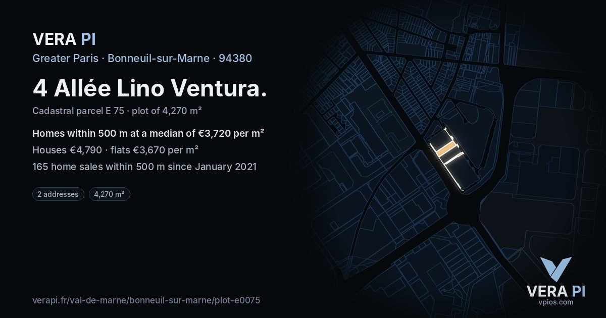 4 Allée Lino Ventura, Bonneuil-sur-Marne at night – the plot lit, the parcels around coloured by the prices near them