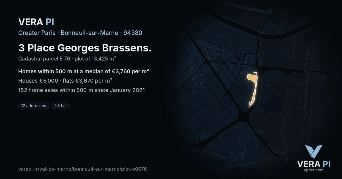 3 Place Georges Brassens, Bonneuil-sur-Marne at night – the plot lit, the parcels around coloured by the prices near them