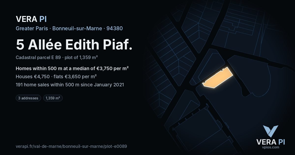 5 Allée Edith Piaf, Bonneuil-sur-Marne at night – the plot lit, the parcels around coloured by the prices near them