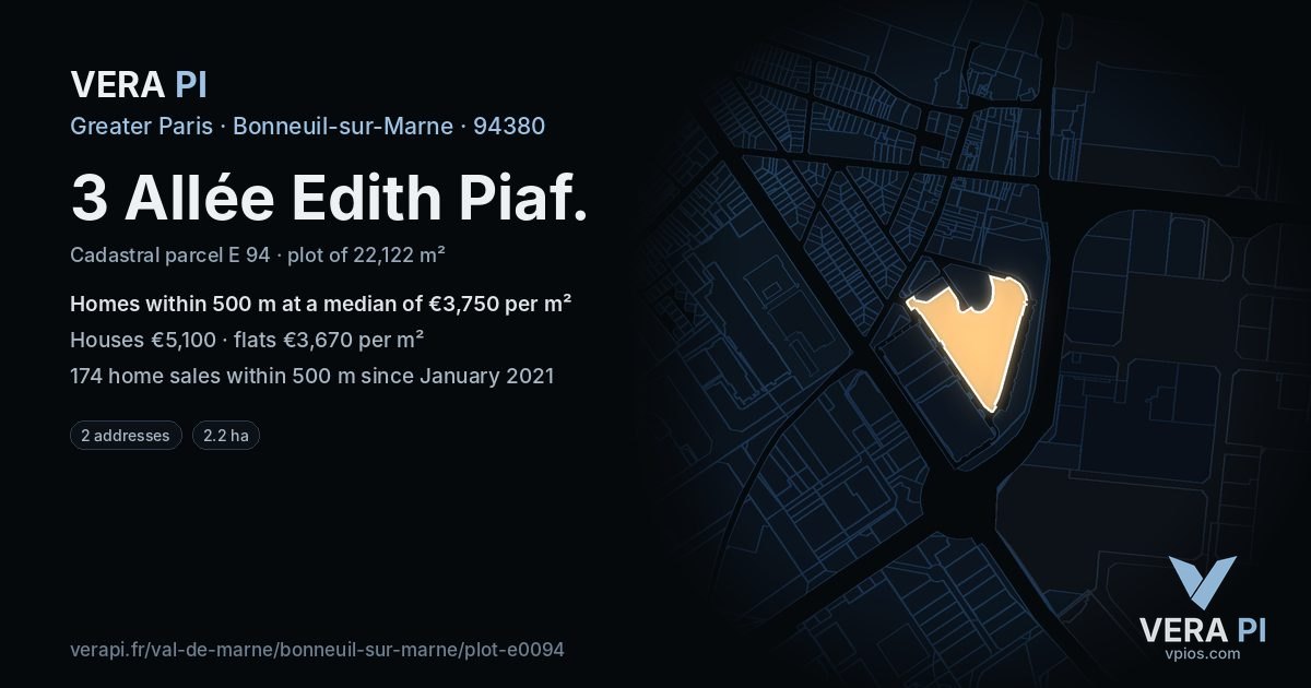 3 Allée Edith Piaf, Bonneuil-sur-Marne at night – the plot lit, the parcels around coloured by the prices near them