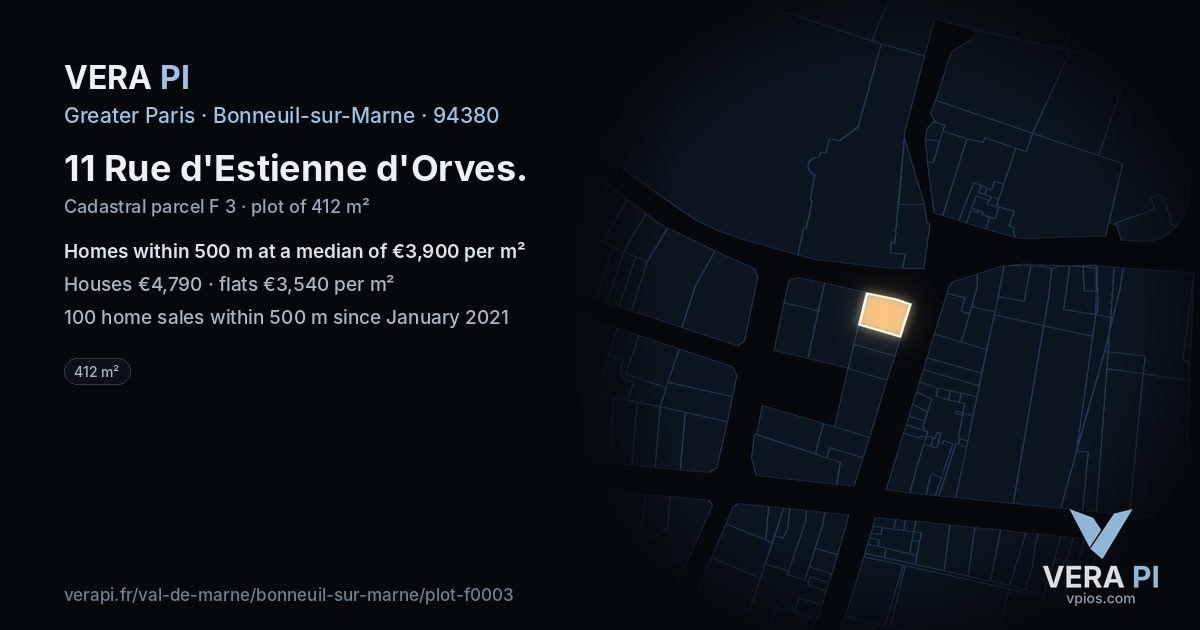 11 Rue d'Estienne d'Orves, Bonneuil-sur-Marne at night – the plot lit, the parcels around coloured by the prices near them