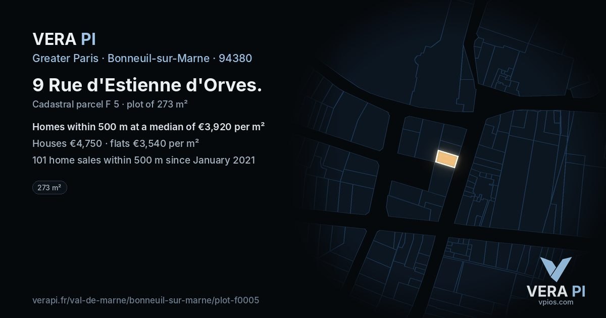 9 Rue d'Estienne d'Orves, Bonneuil-sur-Marne at night – the plot lit, the parcels around coloured by the prices near them