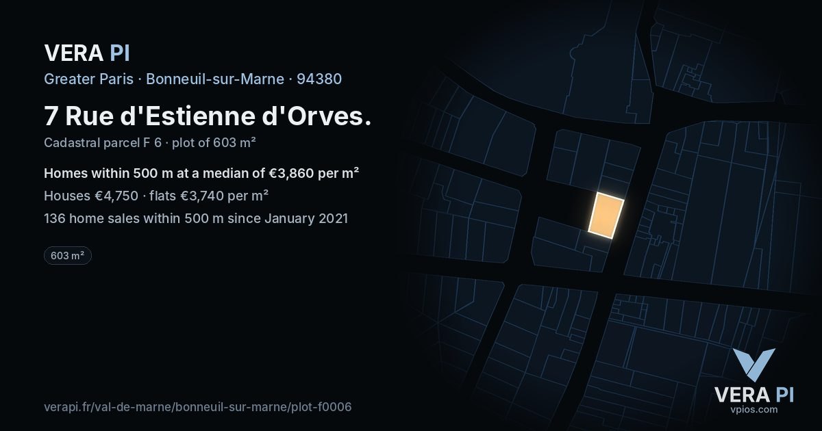7 Rue d'Estienne d'Orves, Bonneuil-sur-Marne at night – the plot lit, the parcels around coloured by the prices near them
