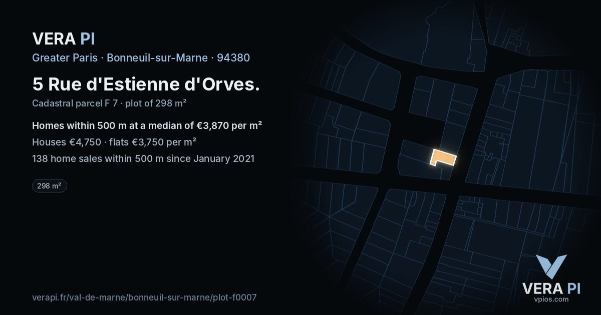 5 Rue d'Estienne d'Orves, Bonneuil-sur-Marne at night – the plot lit, the parcels around coloured by the prices near them