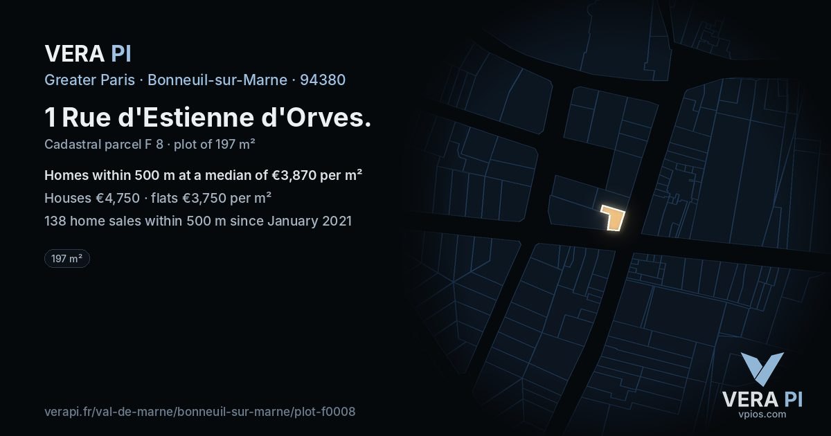1 Rue d'Estienne d'Orves, Bonneuil-sur-Marne at night – the plot lit, the parcels around coloured by the prices near them