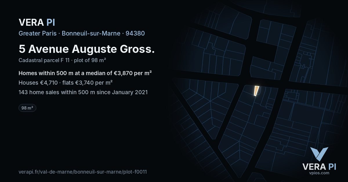 5 Avenue Auguste Gross, Bonneuil-sur-Marne at night – the plot lit, the parcels around coloured by the prices near them
