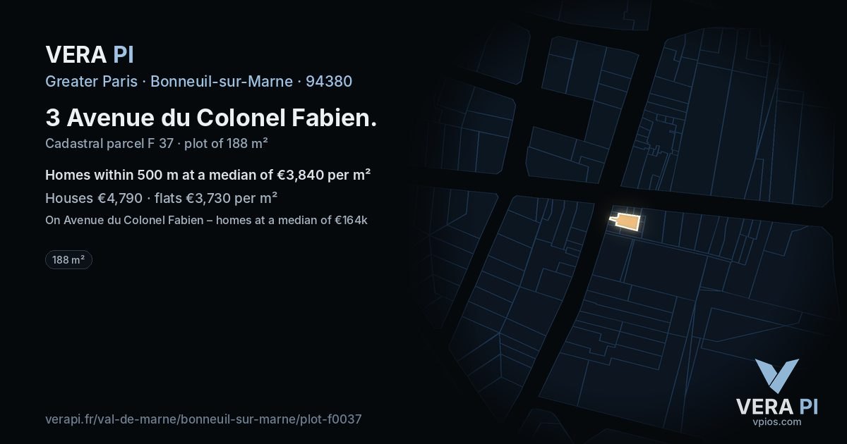 3 Avenue du Colonel Fabien, Bonneuil-sur-Marne at night – the plot lit, the parcels around coloured by the prices near them