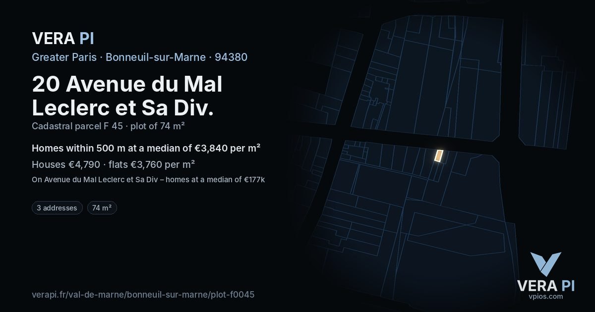 20 Avenue du Mal Leclerc et Sa Div, Bonneuil-sur-Marne at night – the plot lit, the parcels around coloured by the prices near them
