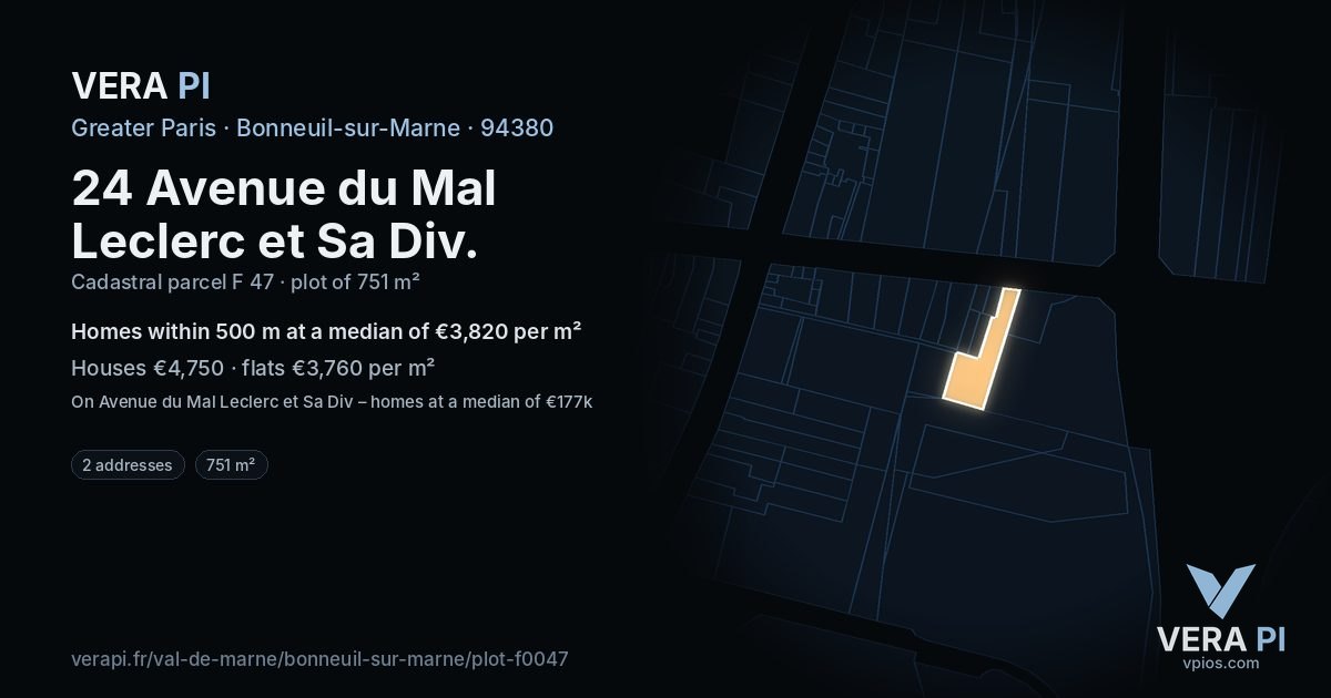 24 Avenue du Mal Leclerc et Sa Div, Bonneuil-sur-Marne at night – the plot lit, the parcels around coloured by the prices near them