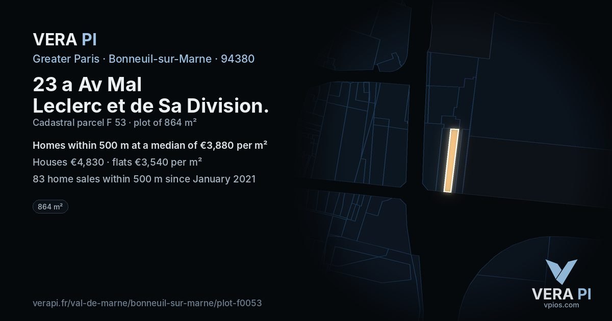 23 a Av Mal Leclerc et de Sa Division, Bonneuil-sur-Marne at night – the plot lit, the parcels around coloured by the prices near them