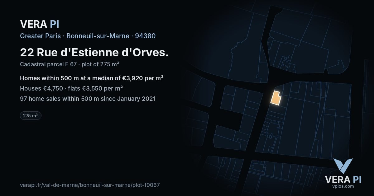 22 Rue d'Estienne d'Orves, Bonneuil-sur-Marne at night – the plot lit, the parcels around coloured by the prices near them