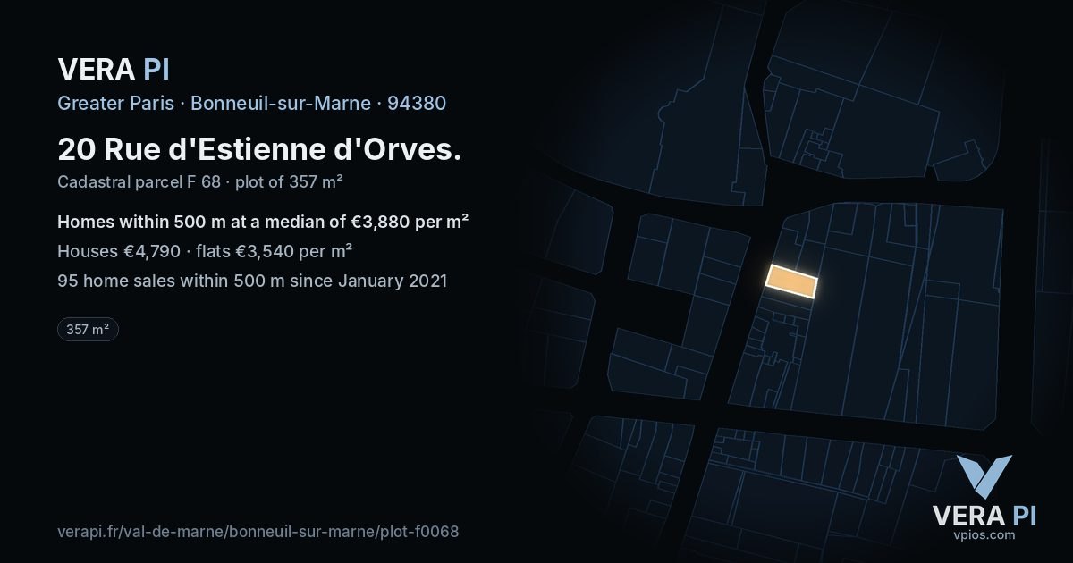 20 Rue d'Estienne d'Orves, Bonneuil-sur-Marne at night – the plot lit, the parcels around coloured by the prices near them