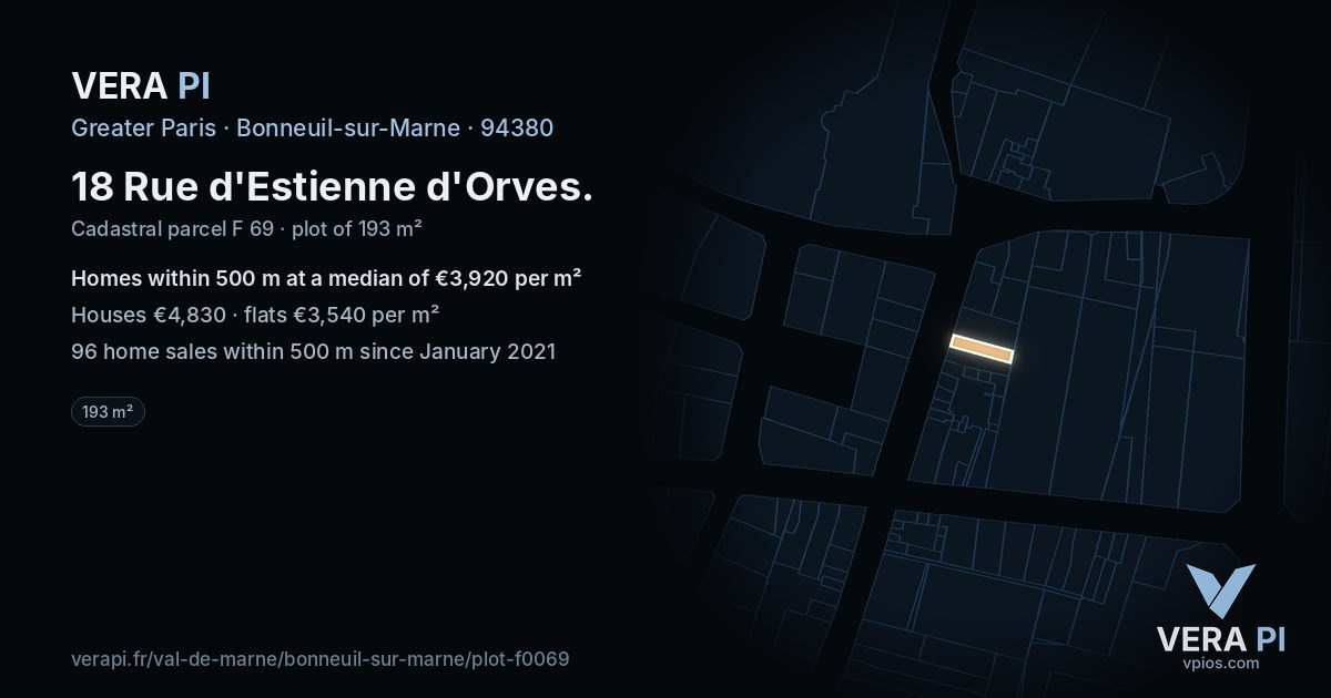 18 Rue d'Estienne d'Orves, Bonneuil-sur-Marne at night – the plot lit, the parcels around coloured by the prices near them